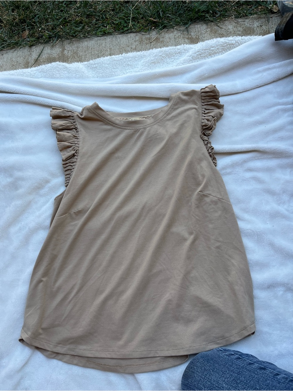 Democracy Ruffle Sleeve Tank Top - Tan